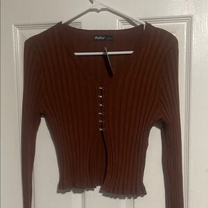 Brown Ribbed V-Neck Sweater